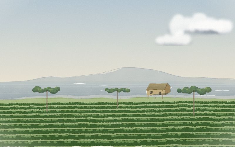 Painted postcard of the landscape where Assamese comes from