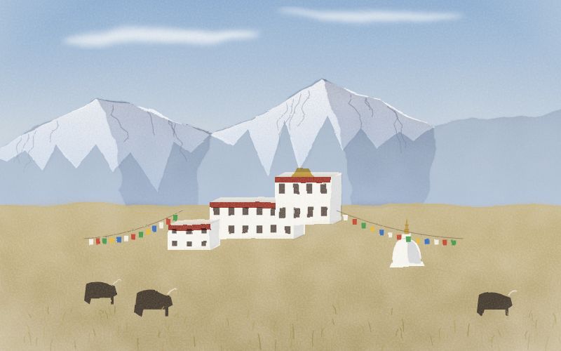 Painted postcard of the landscape where Tibetan comes from