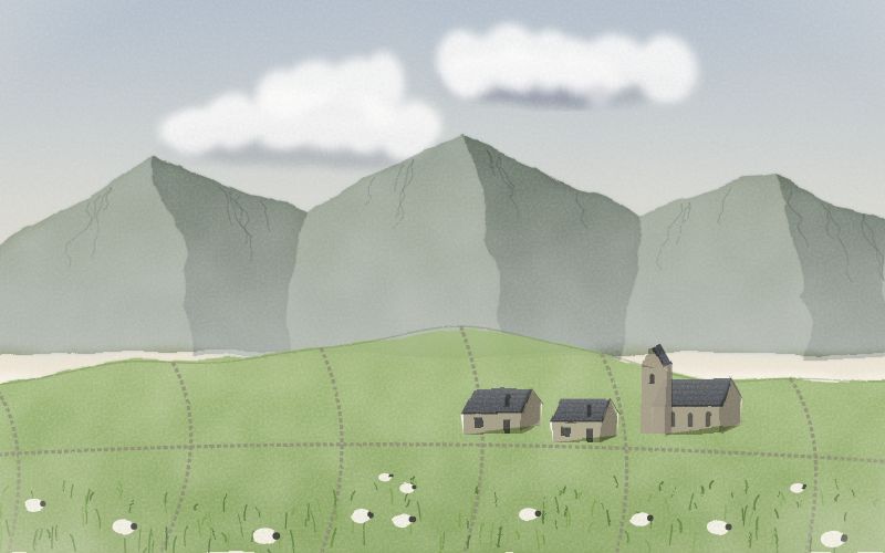 Painted postcard of the landscape where Welsh comes from