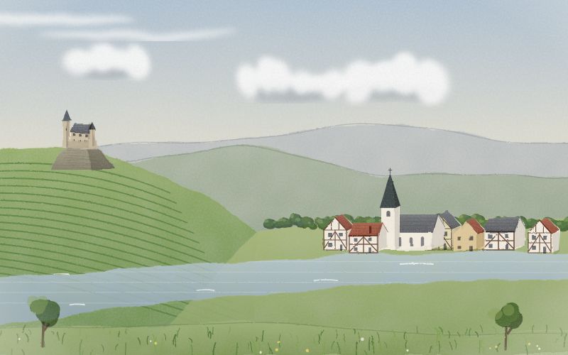 Painted postcard of the landscape where German comes from