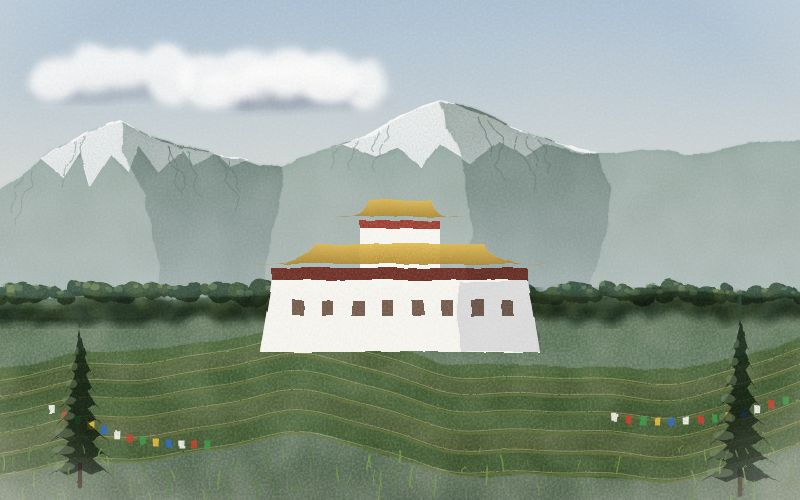 Malovaná pohlednice krajiny, odkud pochází jazyk Dzongkha
