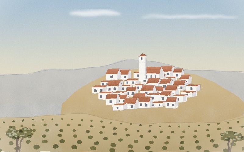 Painted postcard of the landscape where Spanish comes from