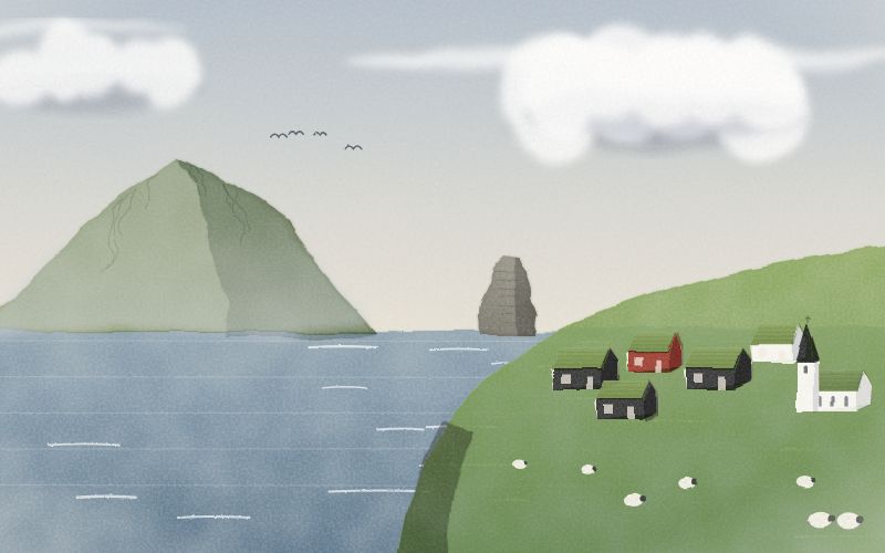 Painted postcard of the landscape where Faroese comes from