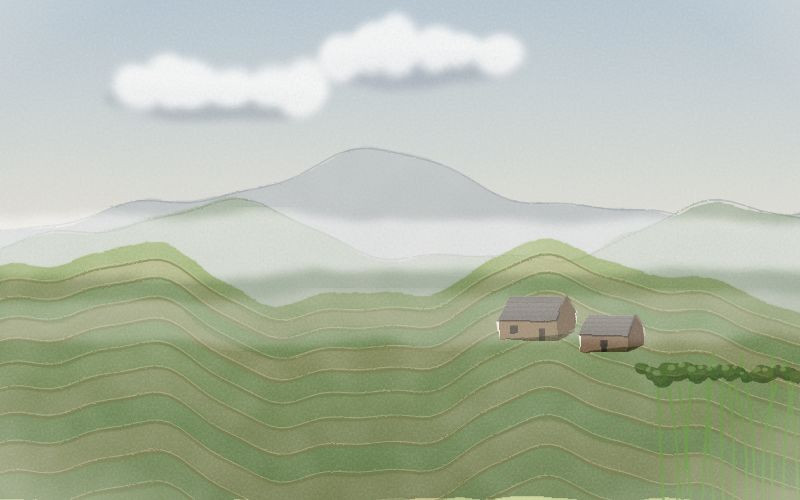 Painted postcard of the landscape where Hmong comes from