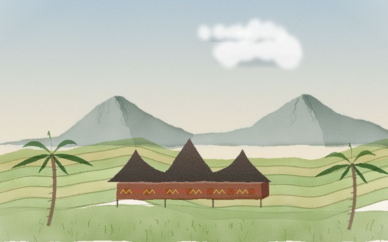 Painted postcard of the landscape where Indonesian comes from