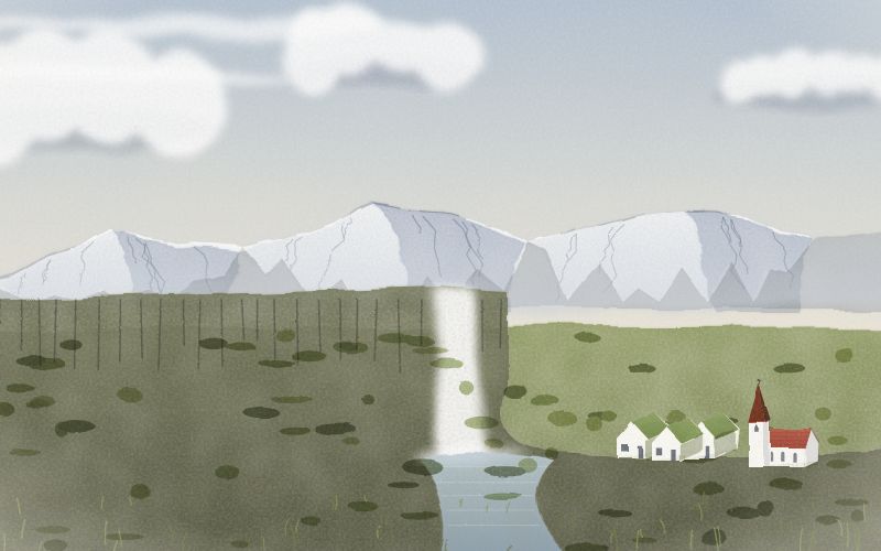 Painted postcard of the landscape where Icelandic comes from
