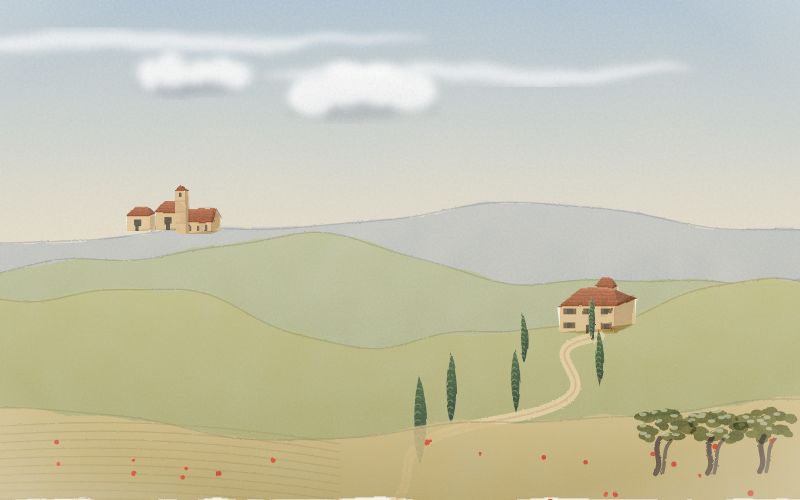 Malovaná pohlednice krajiny, odkud pochází jazyk Italština