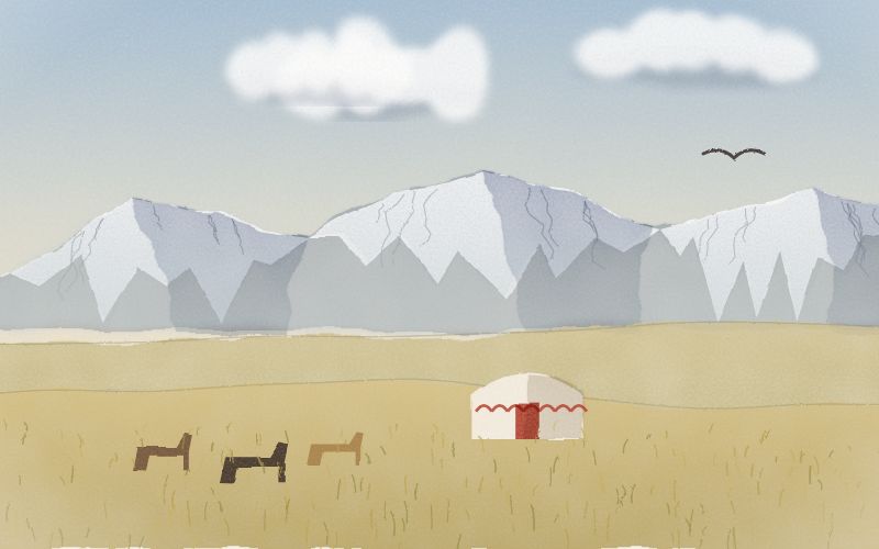Painted postcard of the landscape where Kazakh comes from