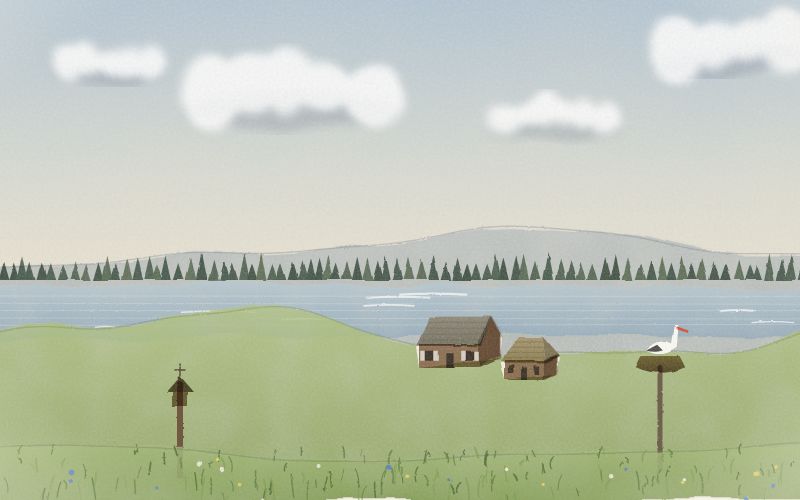 Painted postcard of the landscape where Lithuanian comes from