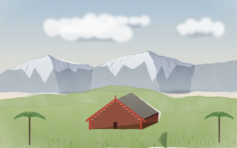 Painted postcard of the landscape where Māori comes from