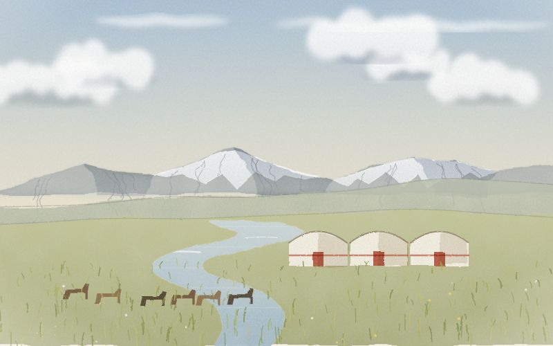 Painted postcard of the landscape where Mongolian comes from