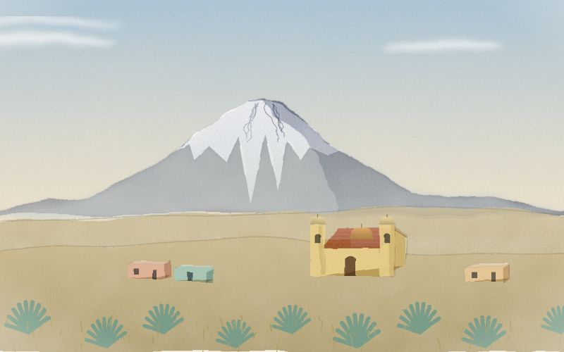 Painted postcard of the landscape where Nahuatl comes from