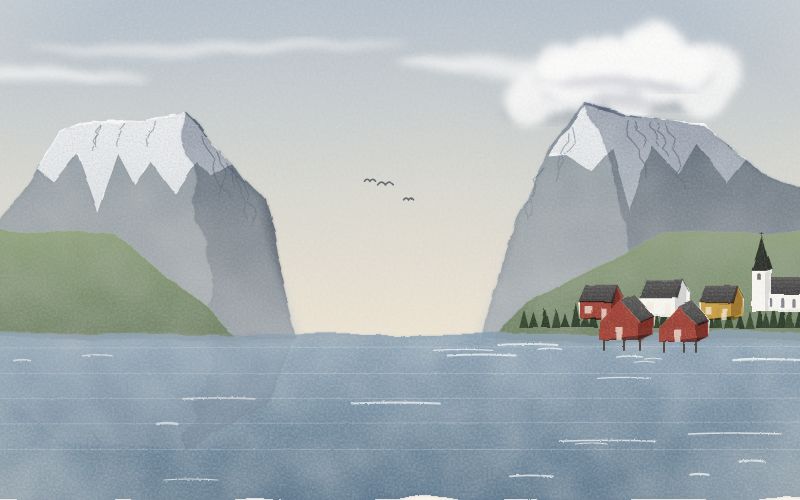 Painted postcard of the landscape where Norwegian comes from