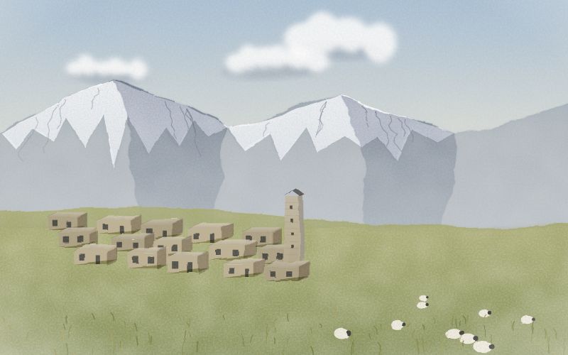 Painted postcard of the landscape where Ossetian comes from