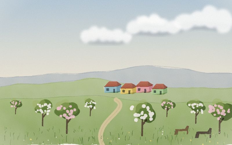 Painted postcard of the landscape where Romani comes from