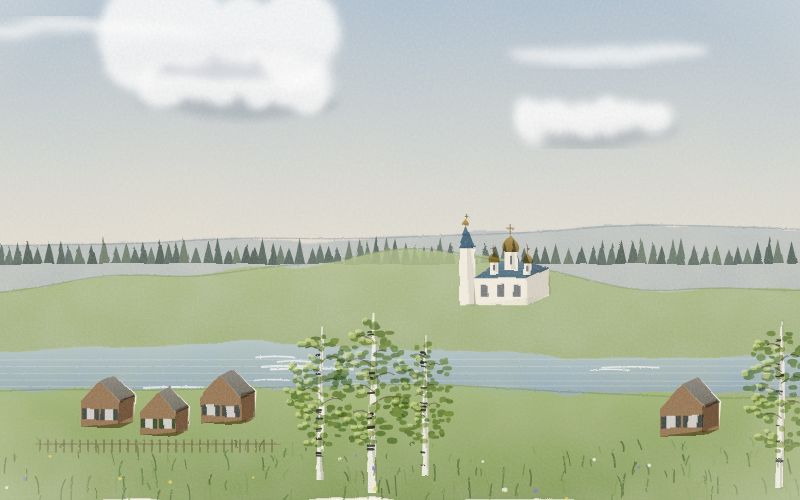 Painted postcard of the landscape where Russian comes from