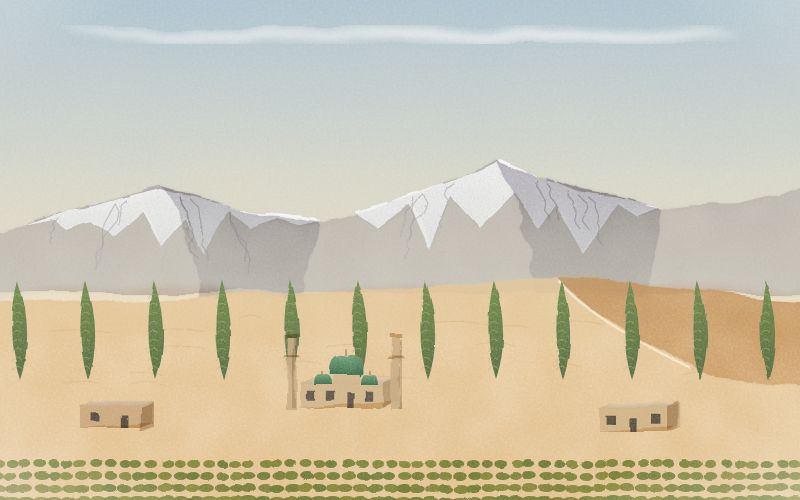 Painted postcard of the landscape where Uyghur comes from