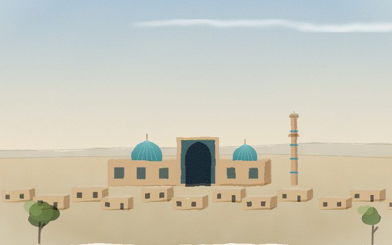 Painted postcard of the landscape where Uzbek comes from