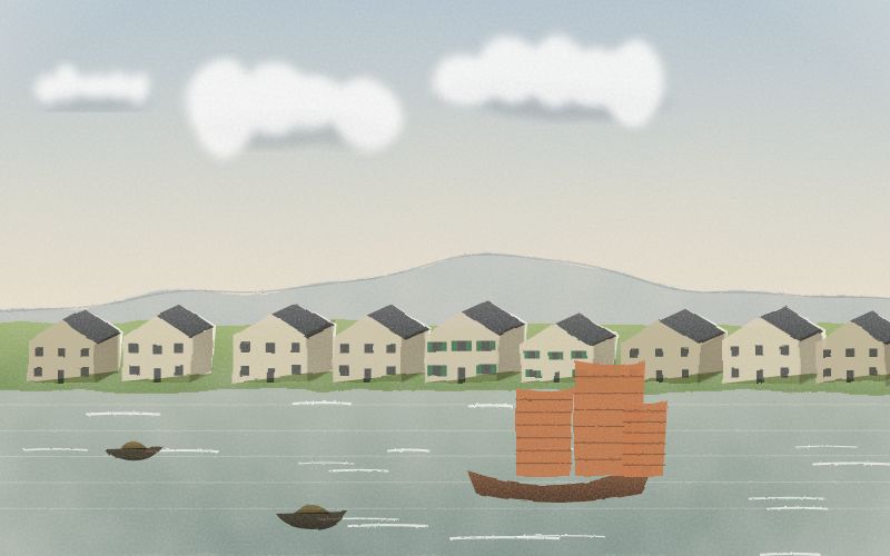 Painted postcard of the landscape where Cantonese comes from