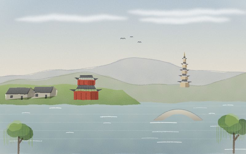 Painted postcard of the landscape where Mandarin Chinese comes from